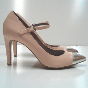 Blush Nude Pink Mary Jane Patent Pumps, Silver Toe